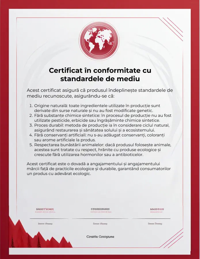 certificat de conformitate cu standardele organice