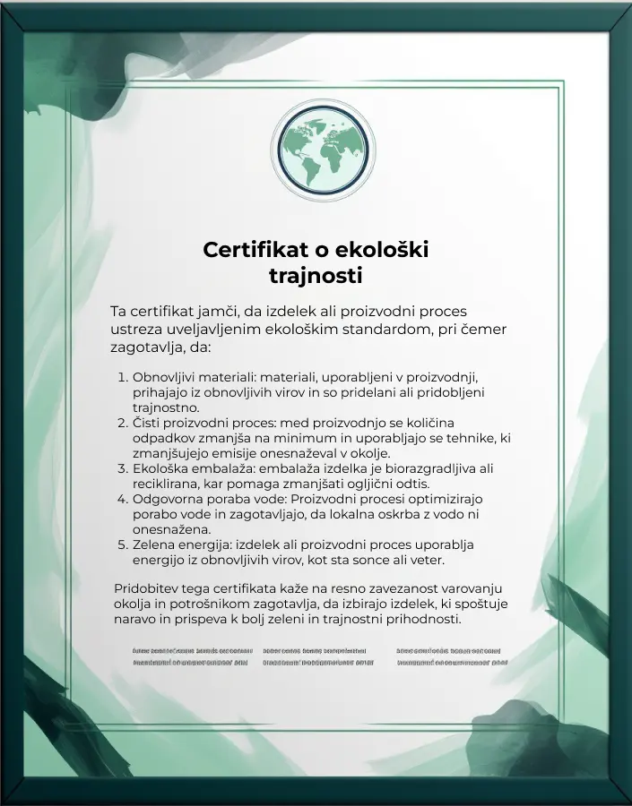 Certifikat o ekološki vzdržnosti.