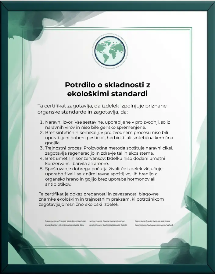 Certifikat o skladnosti z organskimi standardi.