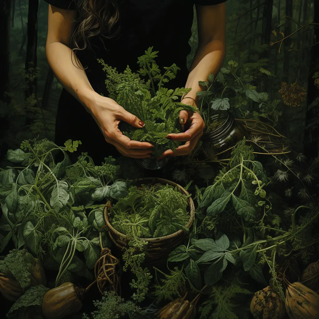 Manos cuidadosas seleccionando hierbas y plantas en su hábitat natural