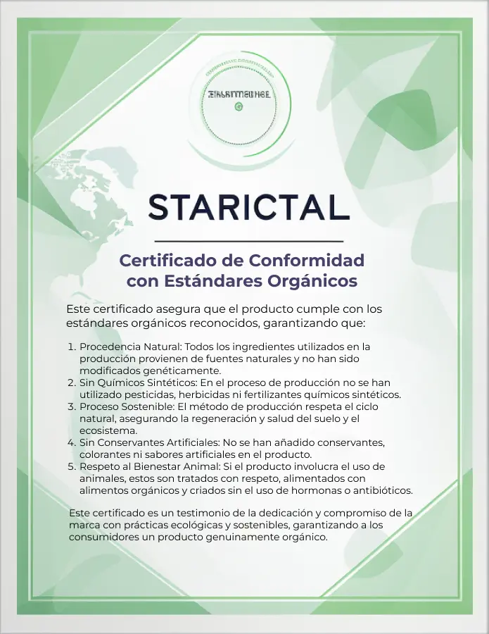 Certificado verde de conformidad con estándares orgánicos