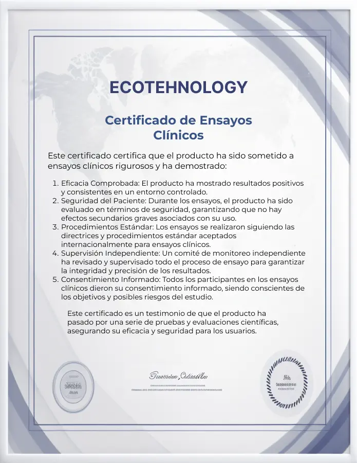 Certificado que avala los ensayos clínicos de Duston Gel