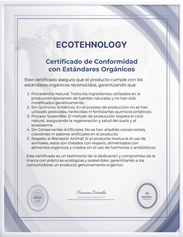 Certificado de conformidad con estándares orgánicos de Duston Gel