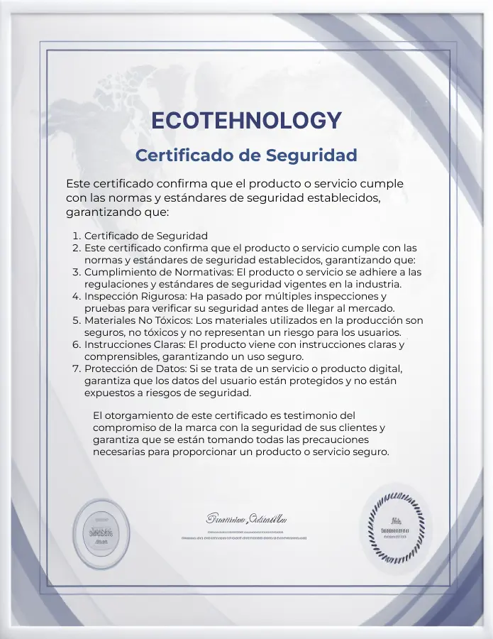 Certificado que confirma la seguridad de Duston Gel