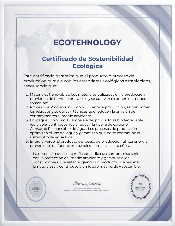 Certificado de sostenibilidad ecológica de Duston Gel