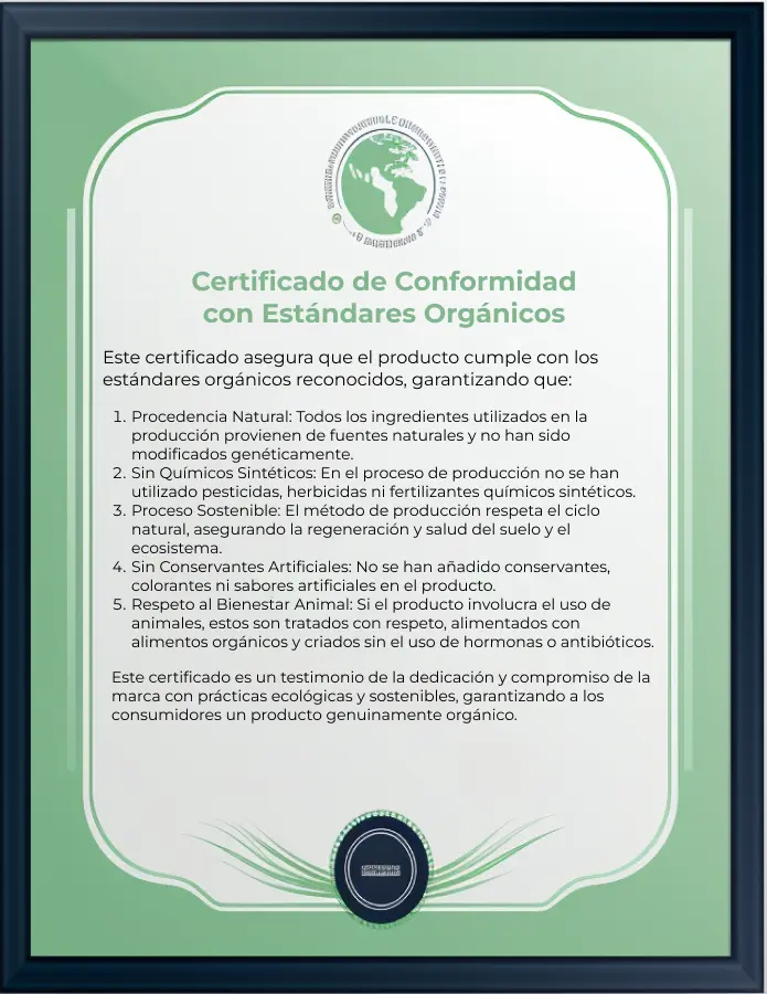 Certificación que confirma que Duston Gel cumple con los estándares orgánicos