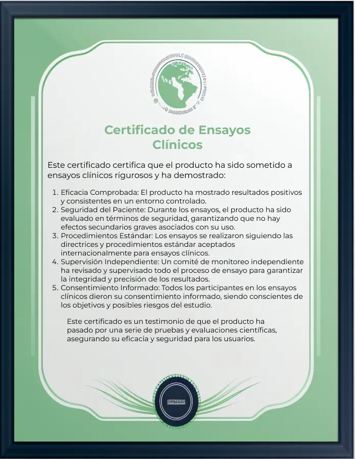 Documento certificado que valida los ensayos clínicos realizados a Duston Gel