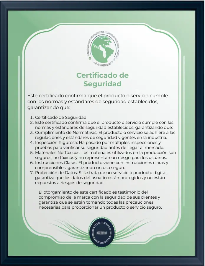 Certificado que garantiza la seguridad en el uso del producto Duston Gel