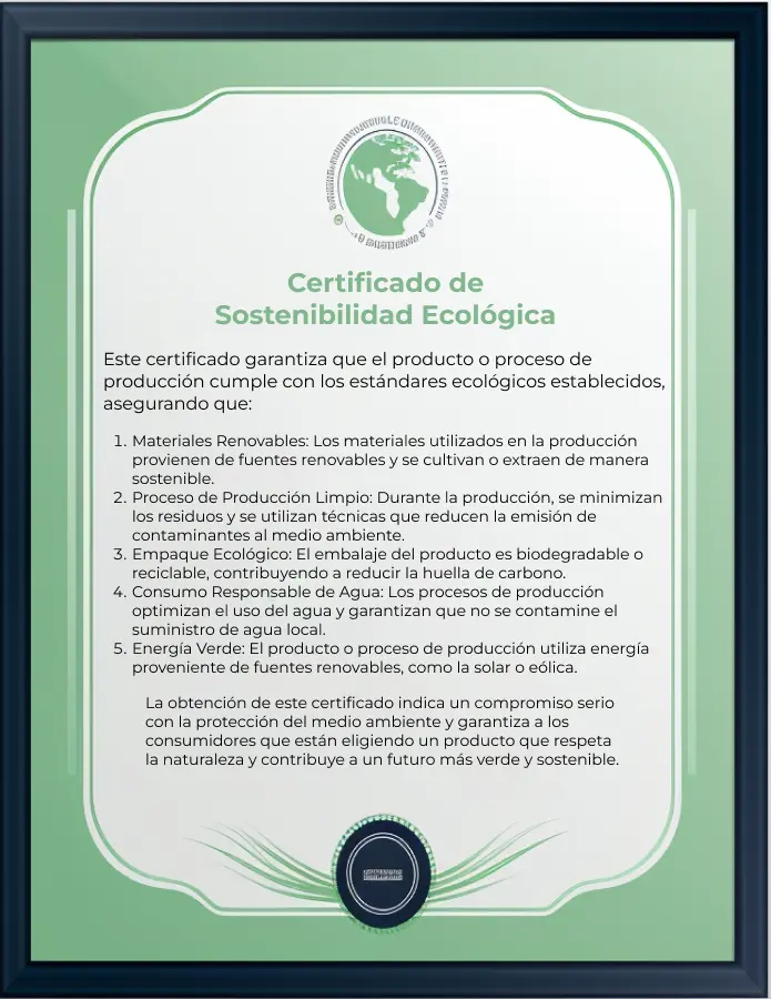 Imagen de un certificado que confirma la sostenibilidad ecológica de Duston Gel