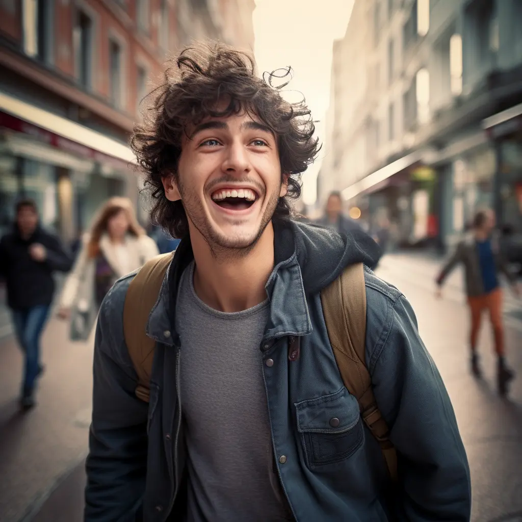 Joven feliz caminando en la ciudad