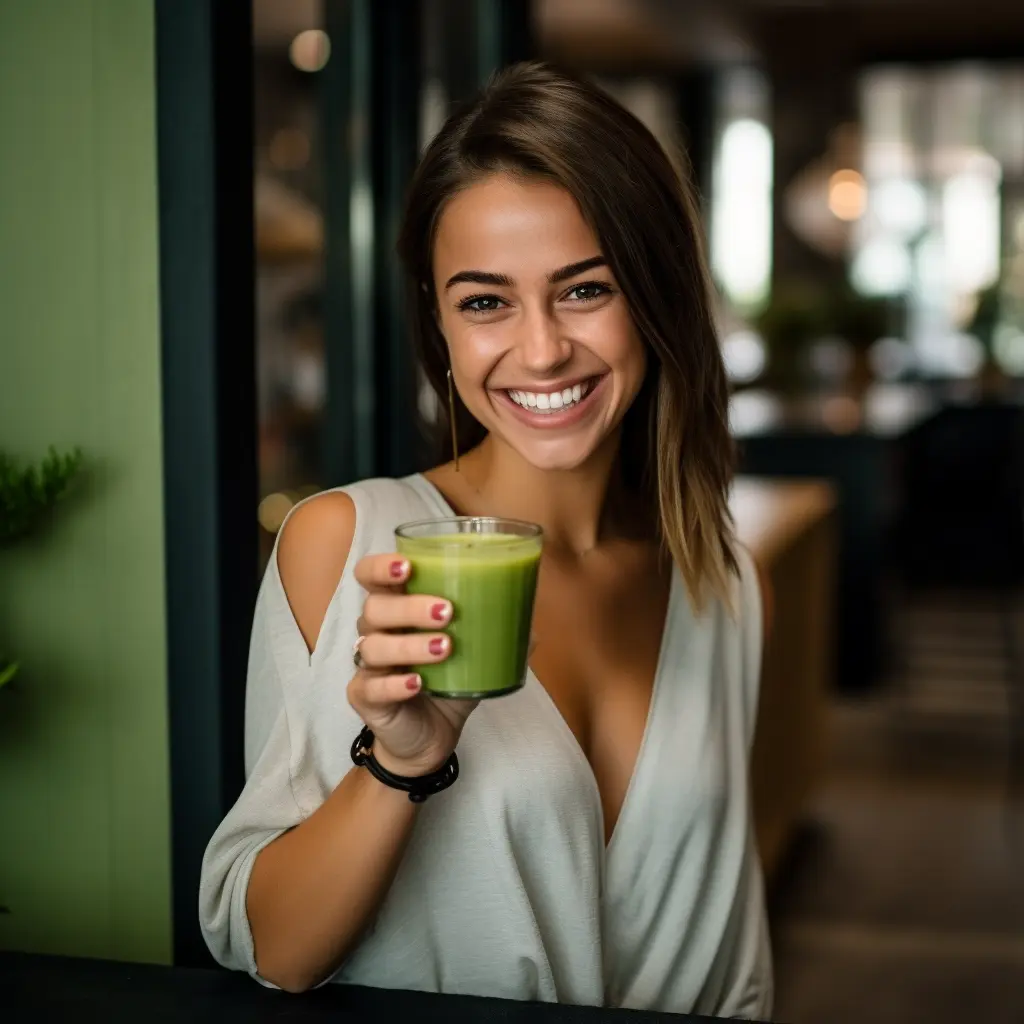 Fröhliche junge Frau genießt Matcha Slim