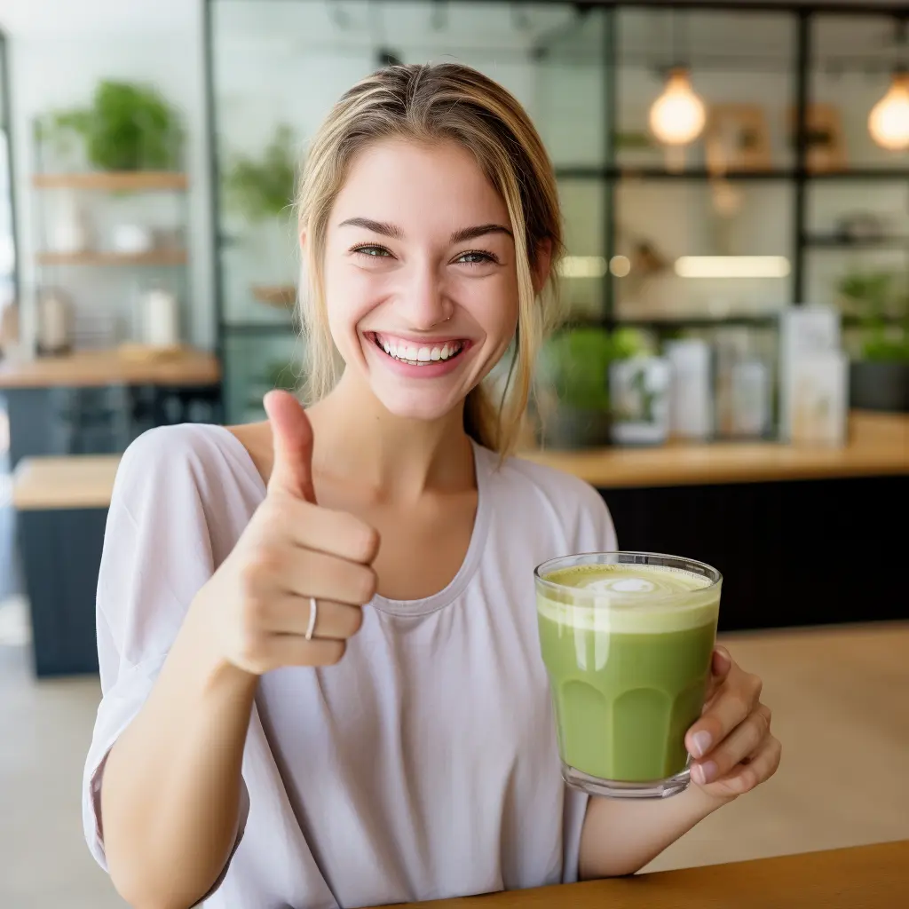 Sretna djevojka drži šalicu Matcha Slim čaja