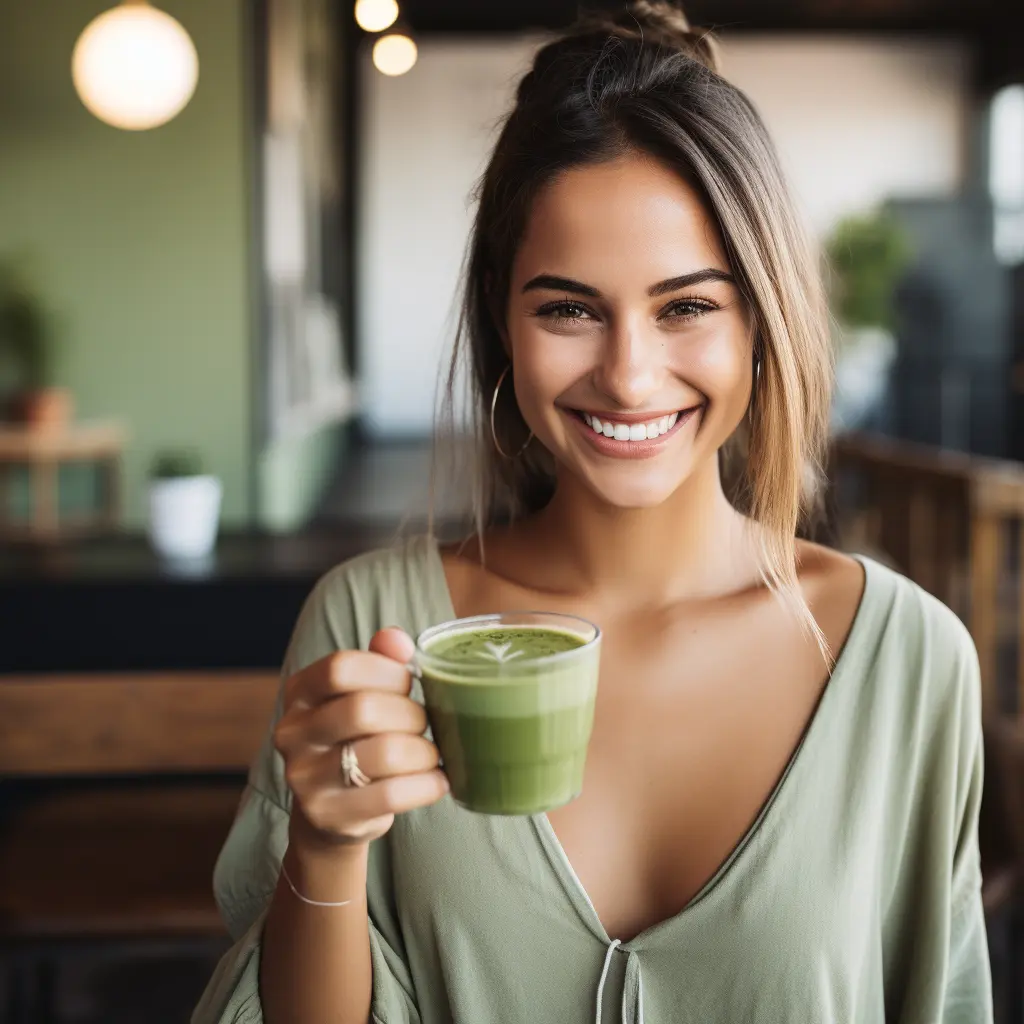 Zufriedenes Mädchen mit einem Glas Matcha Slim, Wohlbefinden und Vitalität