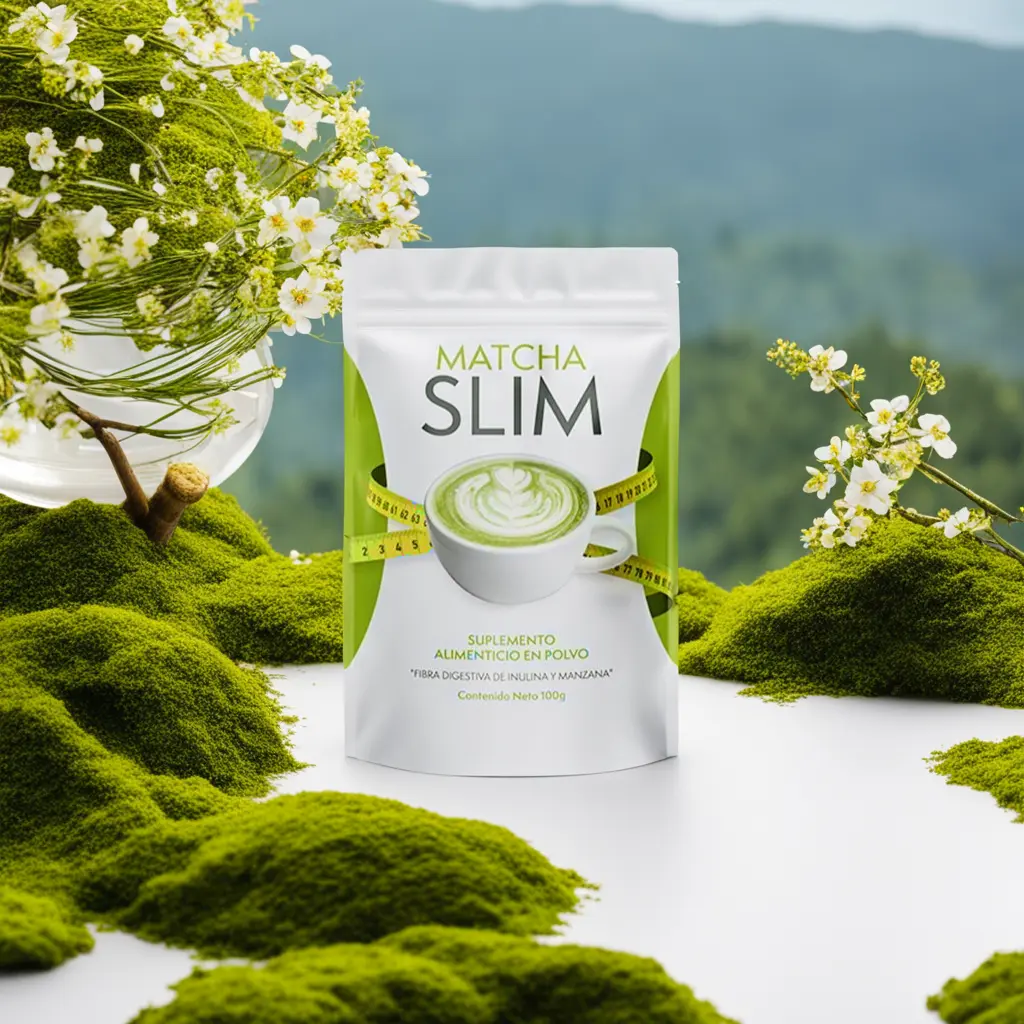 Matcha Slim-Behälter auf natürlichem Hintergrund, Symbol für die Natürlichkeit des Produkts