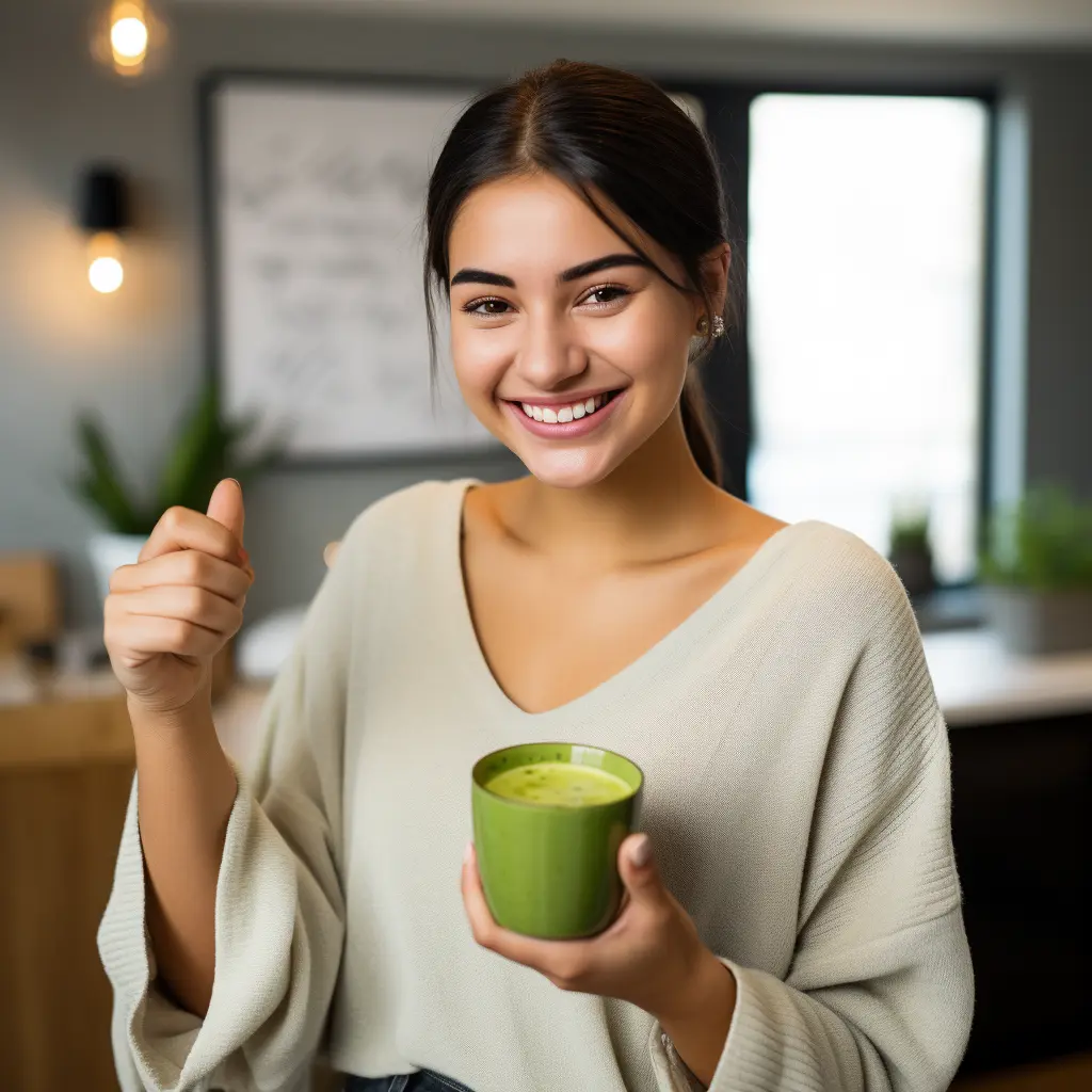 Fille satisfaite tenant un verre de Matcha Slim, bien-être et vitalité