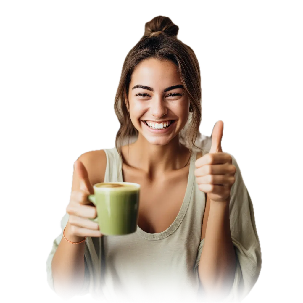 Femme avec une tasse de thé Matcha et bravo pour Matcha Slim