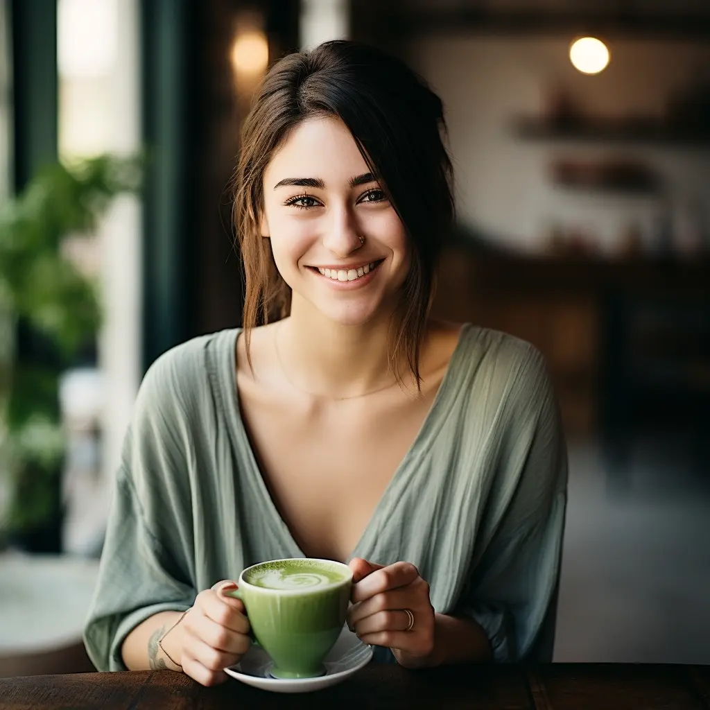 Ragazza soddisfatta che tiene un bicchiere di Matcha Slim, benessere e vitalità