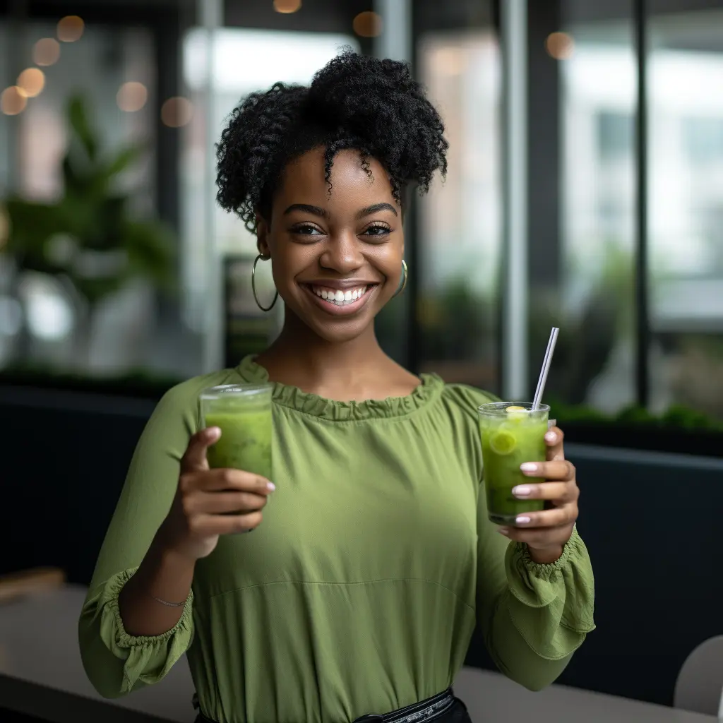 Chica sonriente sosteniendo una taza de té Matcha Slim