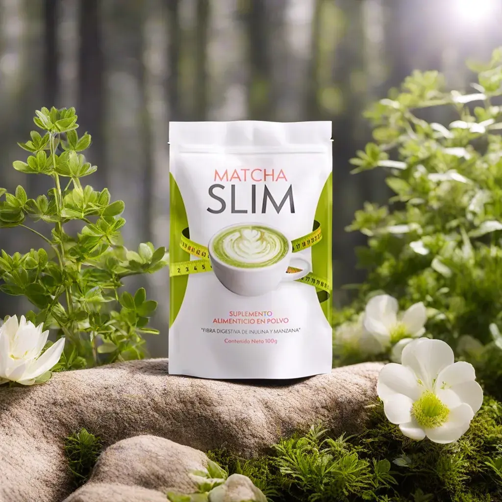 Empaque de Matcha Slim en un entorno natural, simbolizando su naturalidad