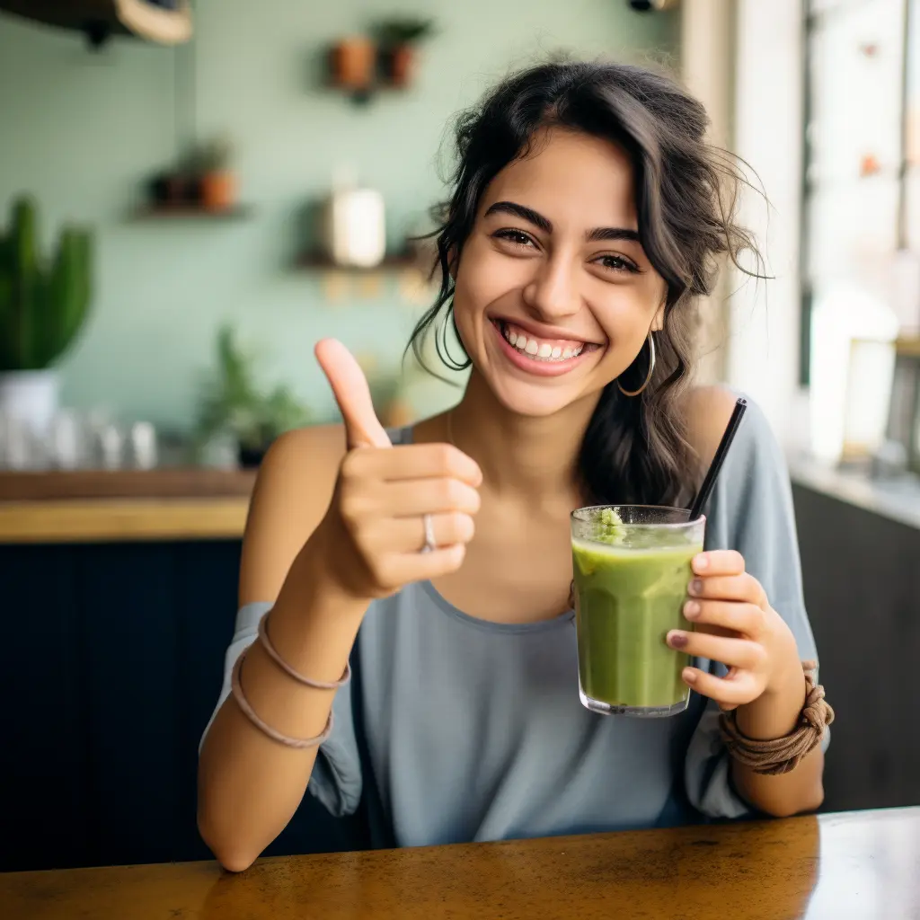 Mujer feliz sosteniendo una taza de Matcha Slim