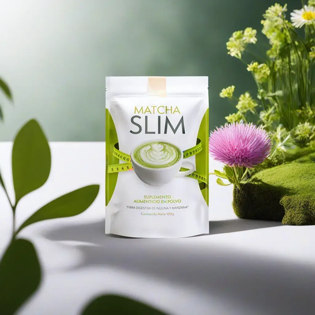 Envase de Matcha Slim en un entorno natural, simbolizando su pureza