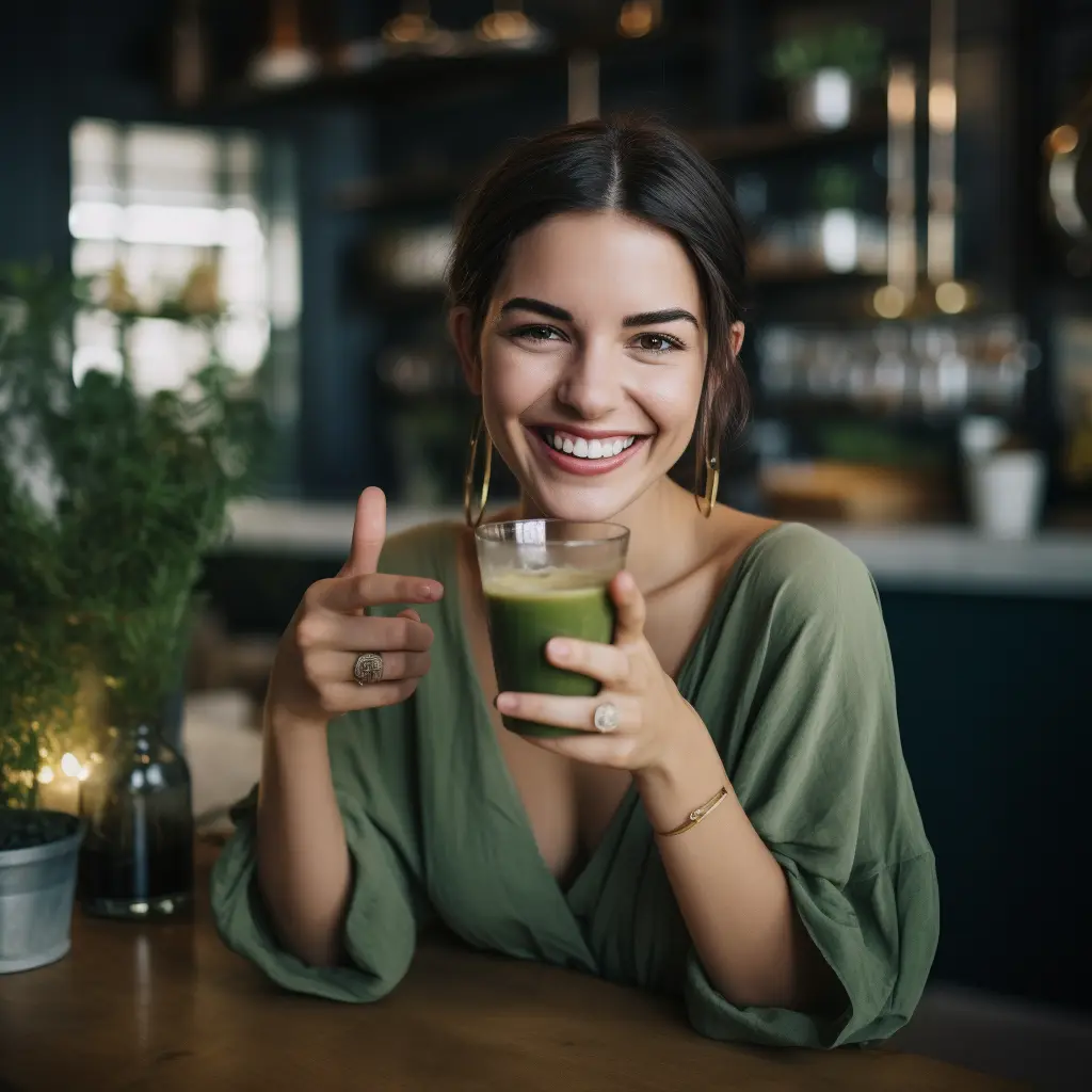 chica feliz con taza de té matcha slim