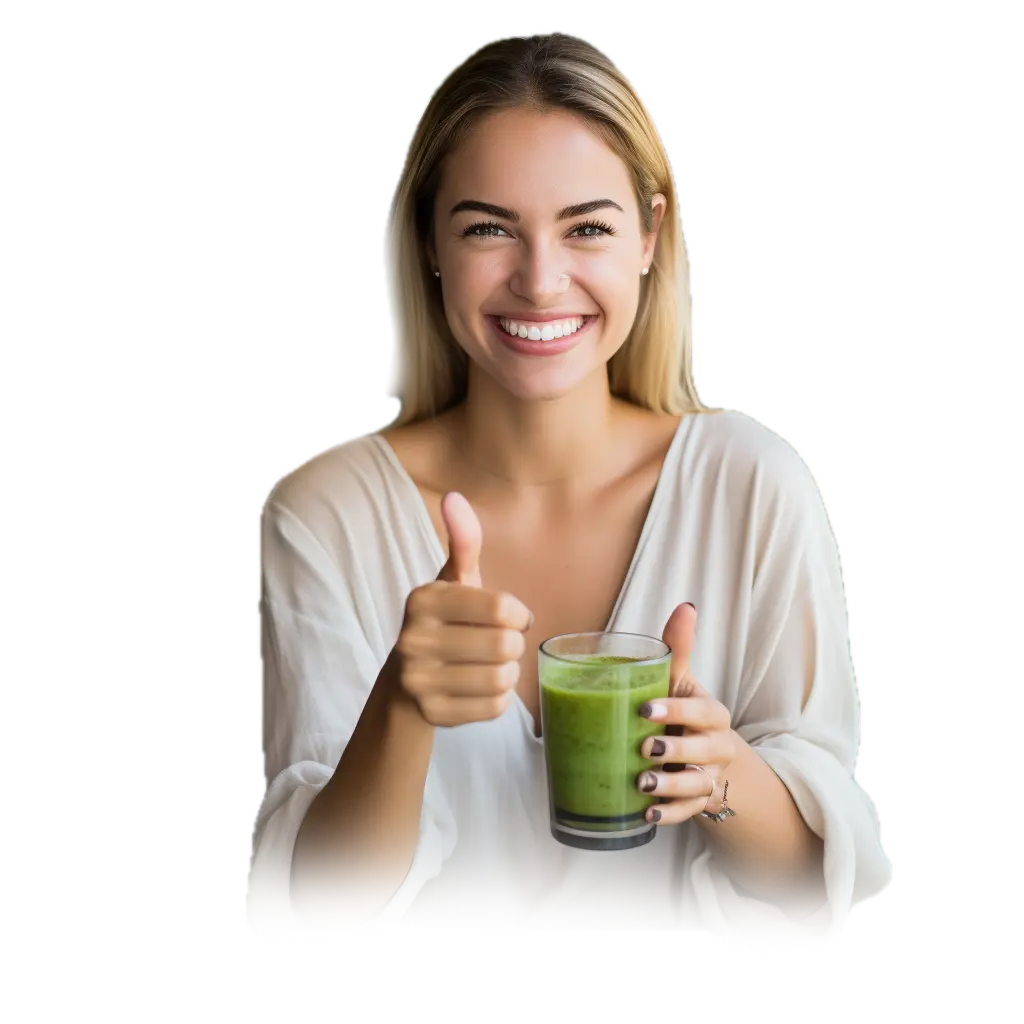 Woman holding a cup of Matcha tea and giving a thumbs up