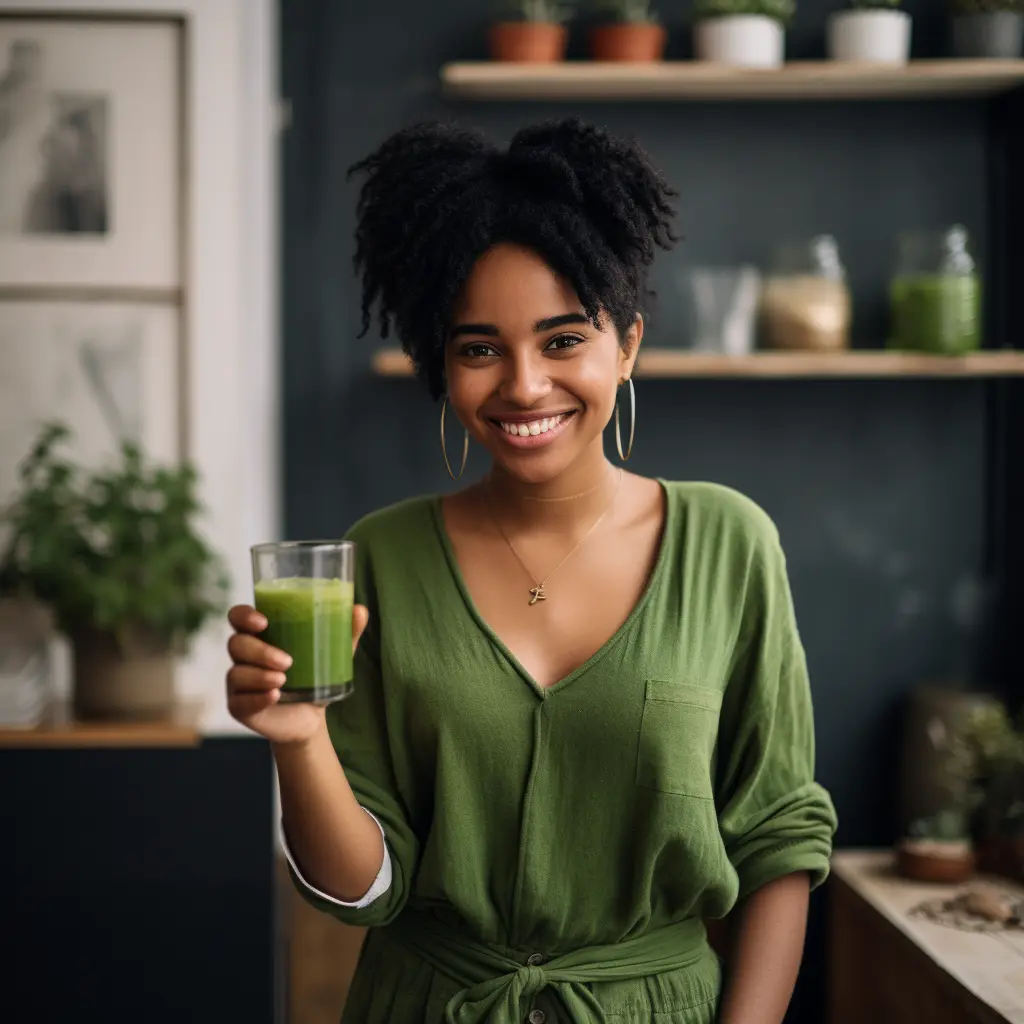 Joyful woman holding a cup of Matcha Slim tea, symbolizing satisfaction and health