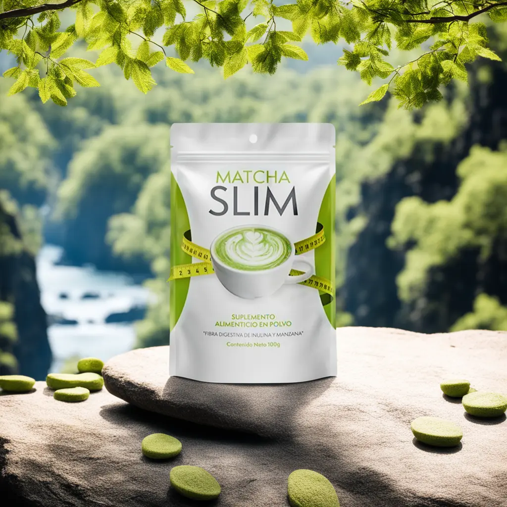 Matcha Slim packaging displayed against a natural backdrop, emphasizing the product's naturalness