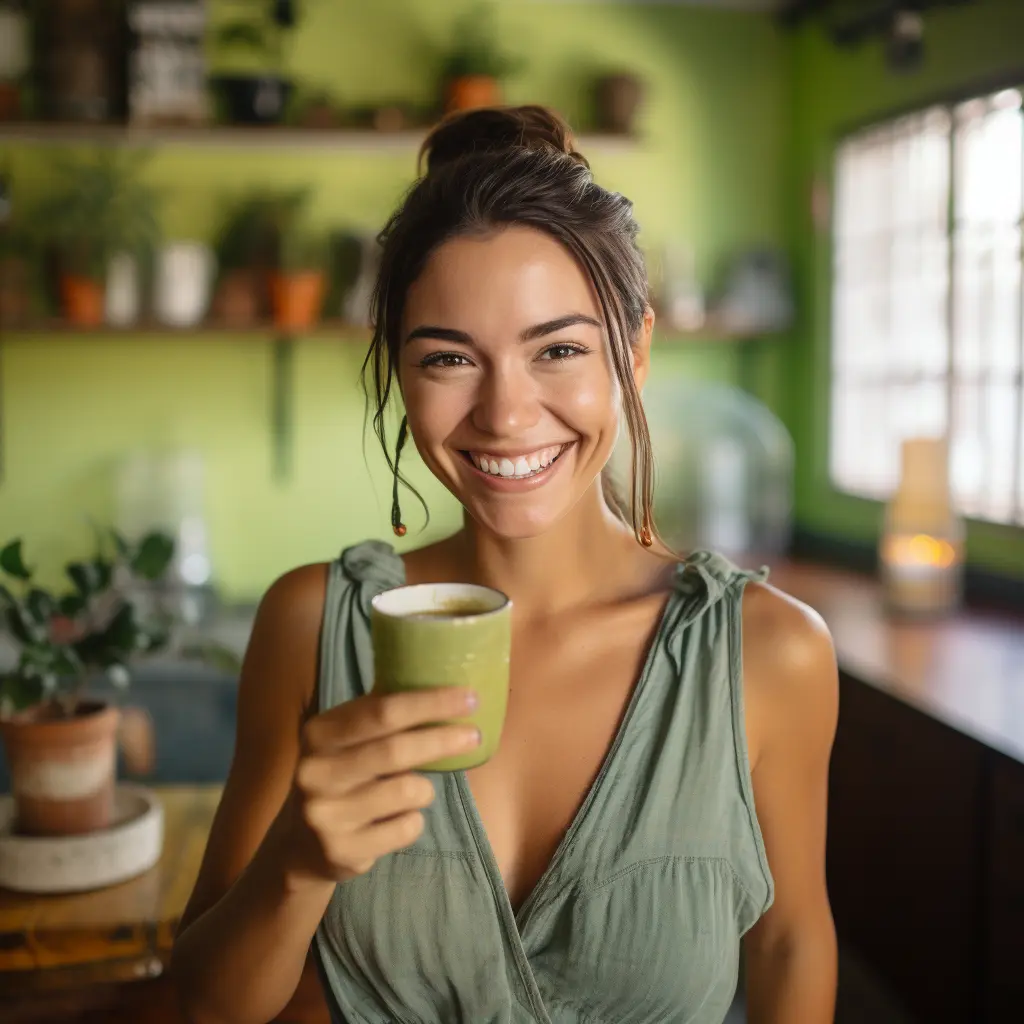 Mujer sonriente sosteniendo una taza de Matcha Suri, disfrutando de un momento saludable