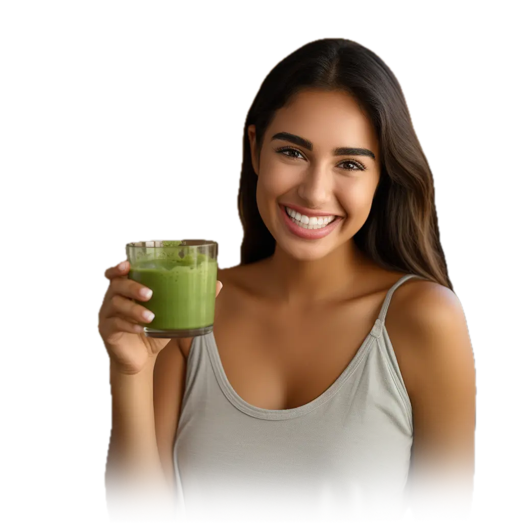 Chica sosteniendo una taza de té matcha y haciendo gesto de aprobación con el pulgar hacia arriba