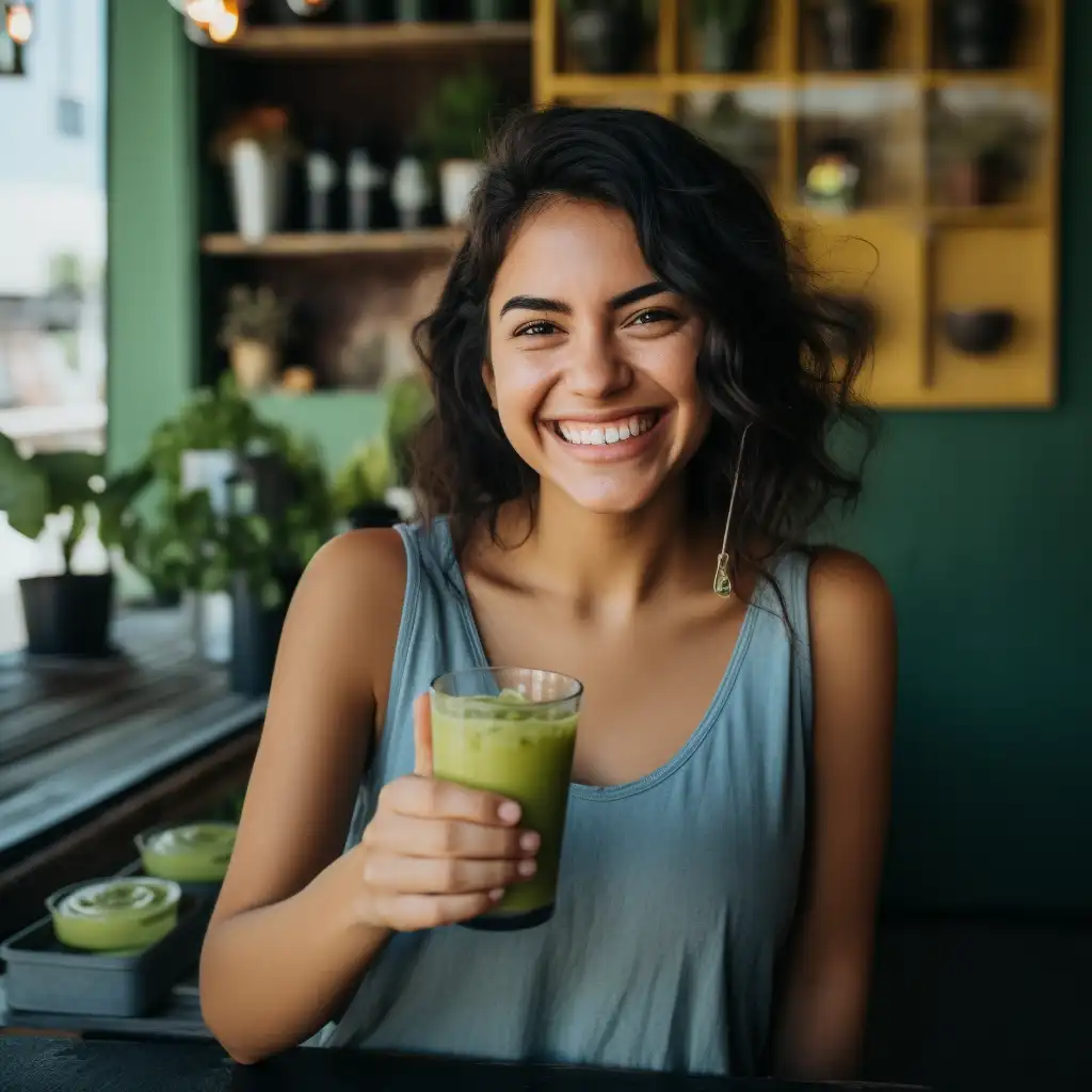 Chica feliz sosteniendo una taza de Matcha Suri