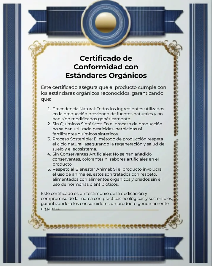 Certificado de cumplimiento de normas orgánicas para productos naturales