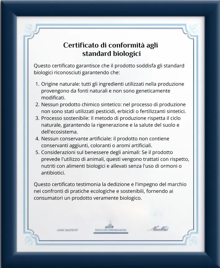 certificato di conformità agli standard biologici